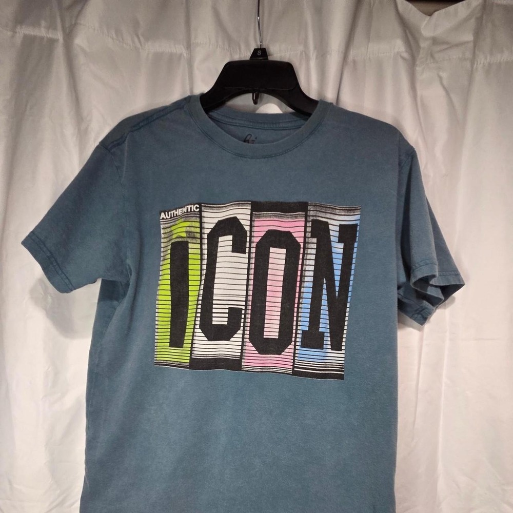 Authentic Icon Mens Graphic T-Shirt Blue Small ICON Block Letter Short Sleeve